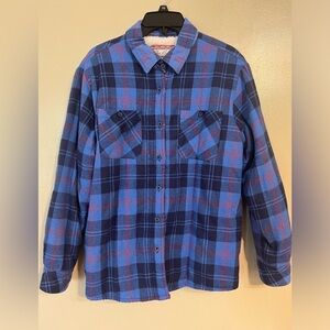 Che Bella 100% Cotton Blue Plaid Sherpa Lined Shacket Flannel Size L Womens
